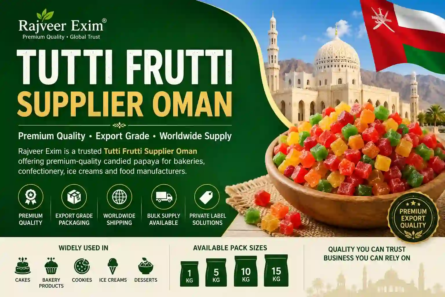 Tutti Frutti Supplier Oman | Exporter from India Bulk Tutti Frutti Supplier Oman - Export Quality Candied Papaya from India