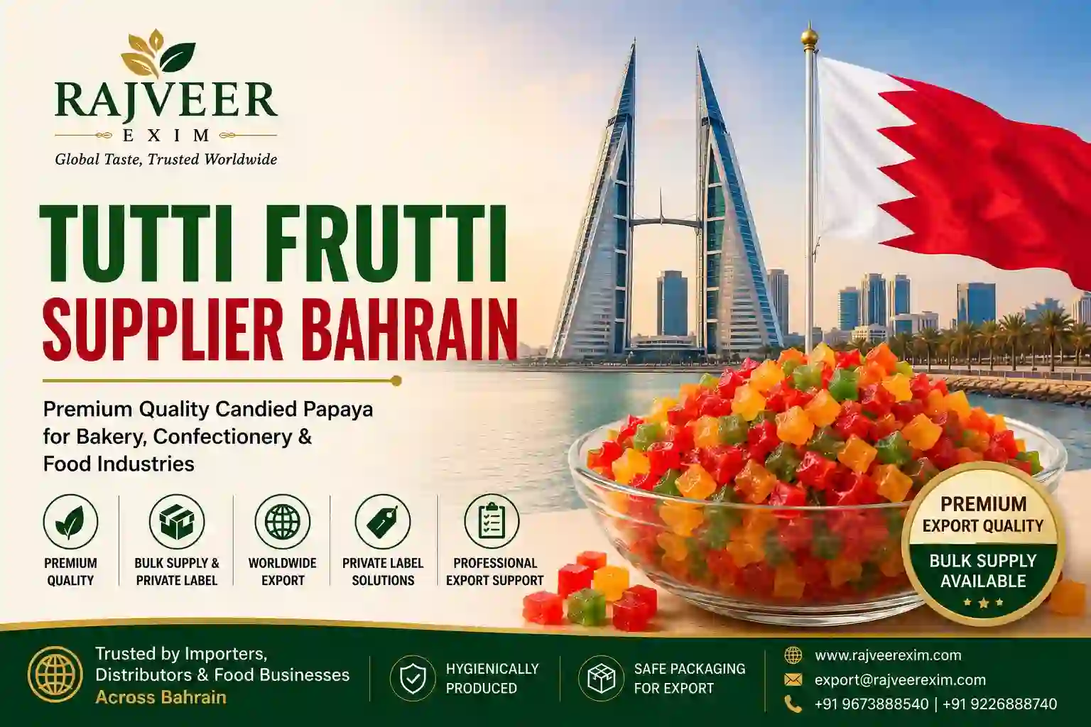 Tutti Frutti Supplier Bahrain | Exporter from India Bulk Tutti Frutti Supplier Bahrain - Export Quality Candied Papaya from India