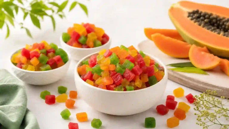 Colorful tutti frutti candied papaya cubes in bowls with fresh papaya